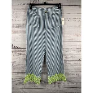 Maeve Anthropologie Pants Women's 8 Blue Striped Wide Leg Cropped Lace Hem